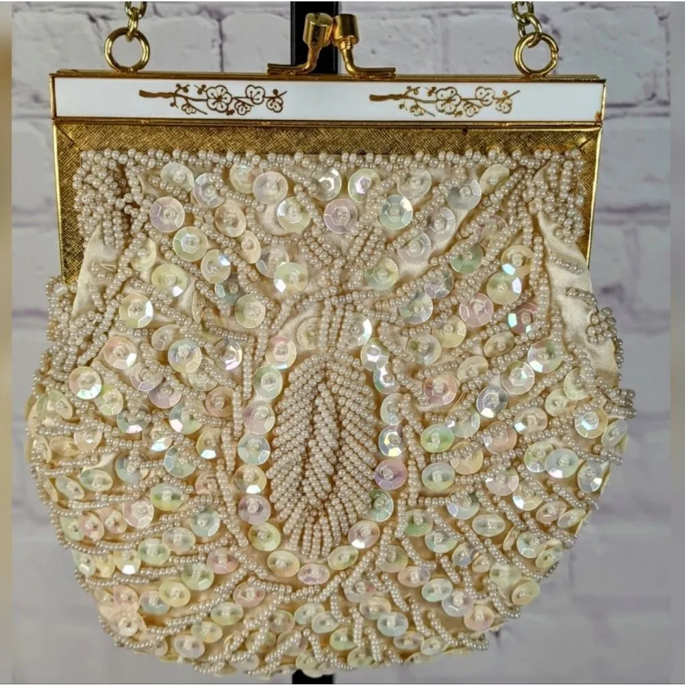 Vintage Hand Beaded Sequin Ivory Clutch Evening Purse by Laura